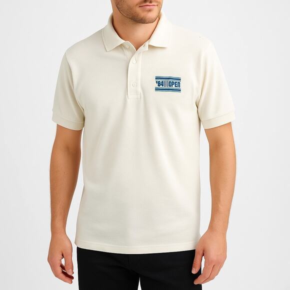 80s Vintage Mens '84 US Open Short Sleeve Polo Shirt White Blue Cream - Picture 1 of 11